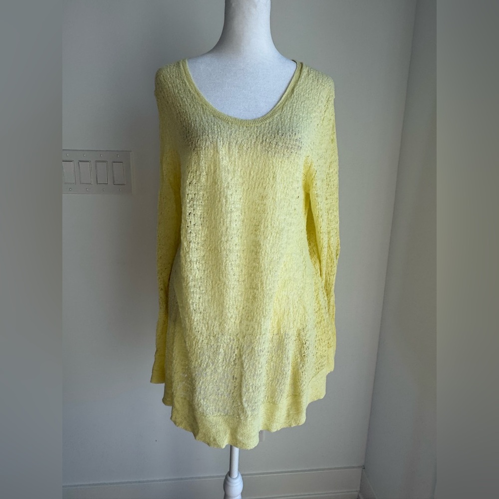 J Jill Women's Large Yellow Crochet Loose Open Weaver Tunic Sweater Round Neck